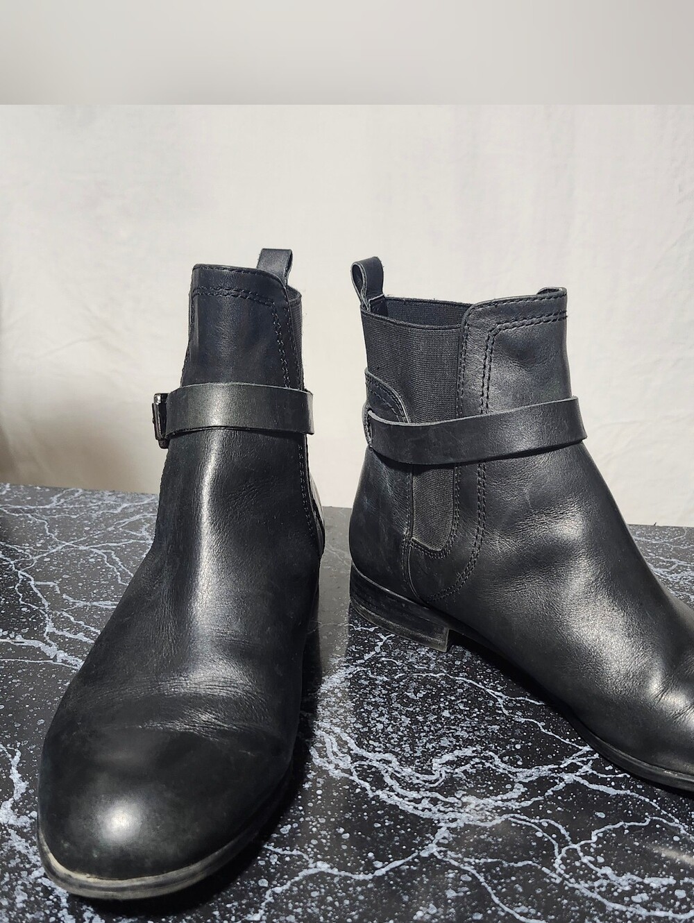 Franco Sarto Mens Black Leather Chelsea Ankle Boots with Strap